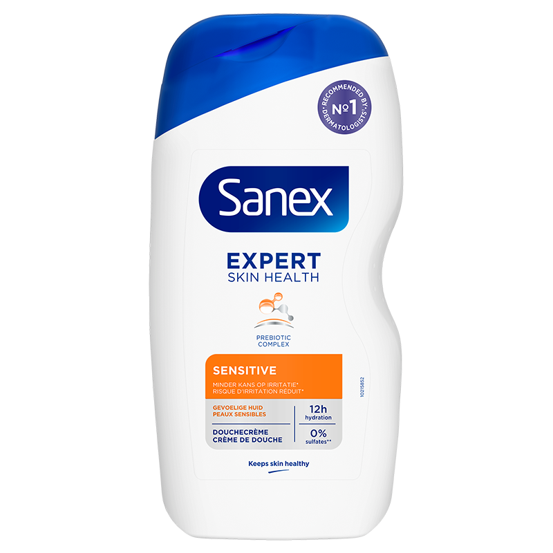 Productfoto van een fles Sanex Expert Skin Health douchecrème, de oranje variant voor de gevoelige huid.