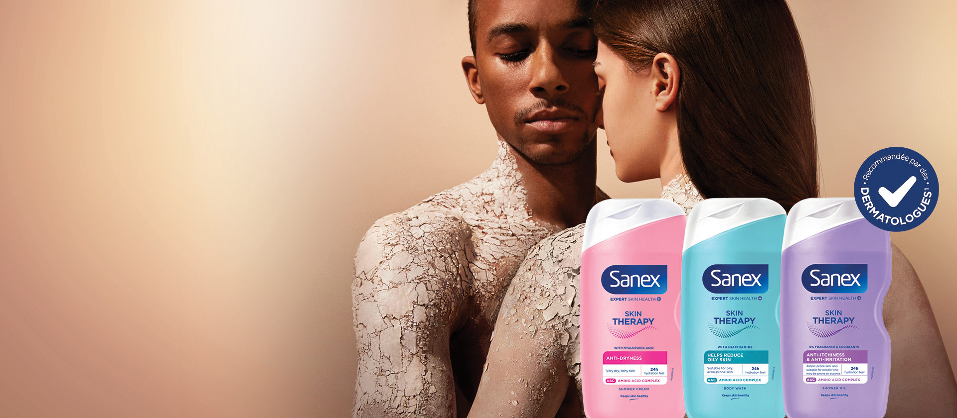 grafisch stuk van twee mensen met Sanex huidtherapieproducten op de voorkant