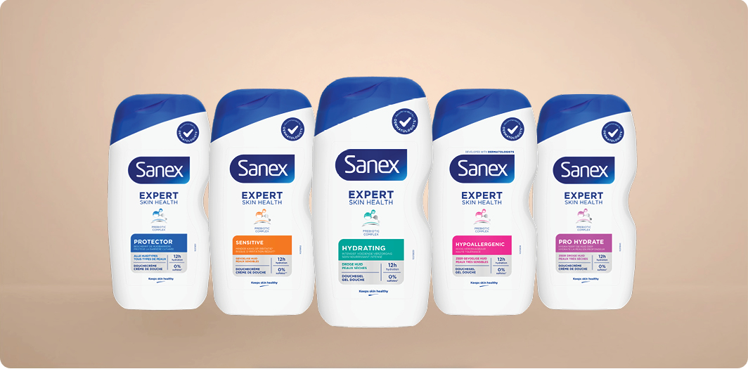 Verpakkingsfoto's van 5 producten uit de expertlijn "Skin Health Body Wash".