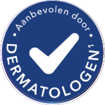 Blauw, rond zegel met de tekst: 'Aanbevolen door dermatologen' en in het midden 'Nº1'.