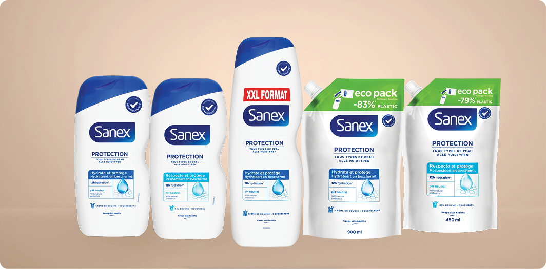 5 productfoto's van producten uit de Protection bad- en douchelijn.