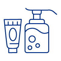 Icoon van verschillende persoonlijke verzorgingsproducten, waaronder douchegel en deodorant.